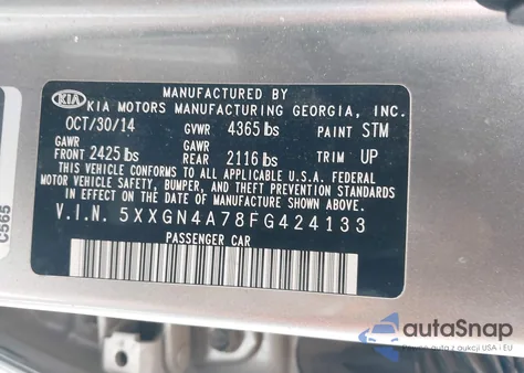 2015 Kia Optima Ex z USA, uszkodzony, nr VIN 5XXGN4A78FG424133